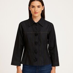 ANNE FONTAINE INK NAVY DENIM JACKET 3D ROSE BUTTONS Rosette Shacket Chambray